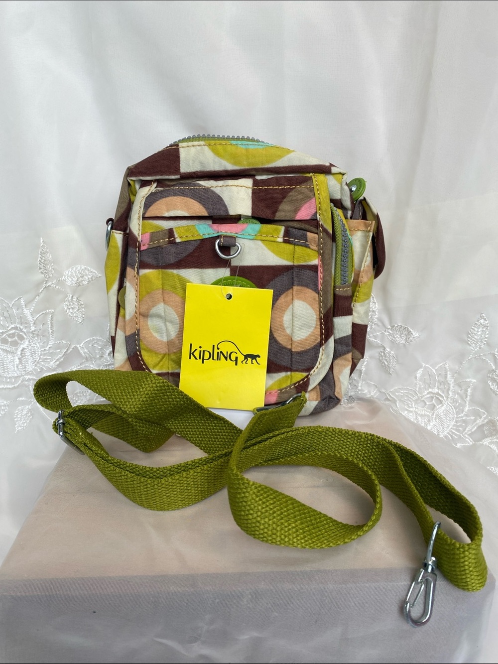 Kipling Olive & Brown Circle Print Crossbody Bag New